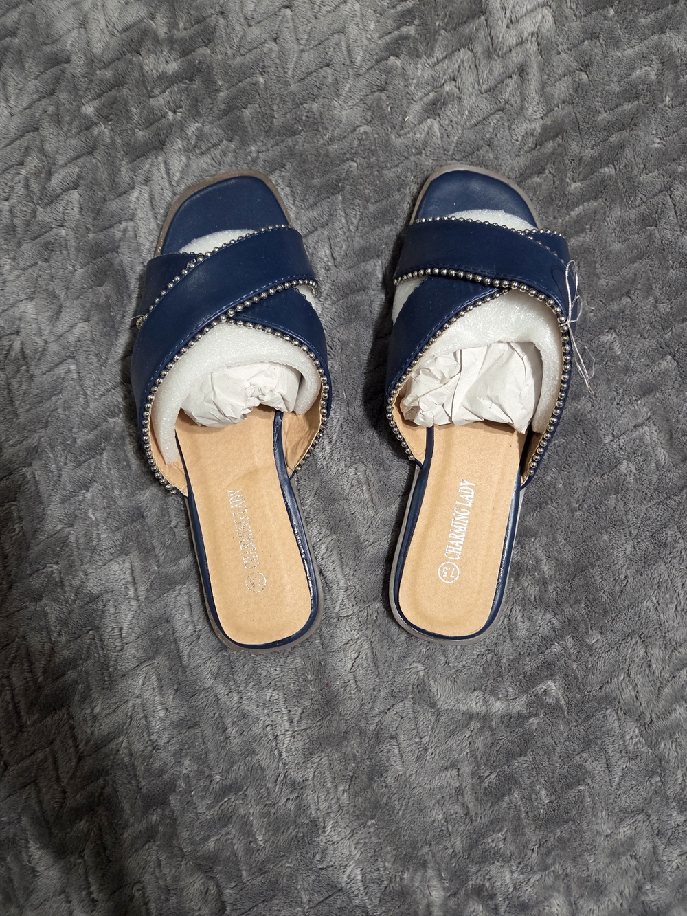 Navy Crisscross Slide Mules with Bead Trim